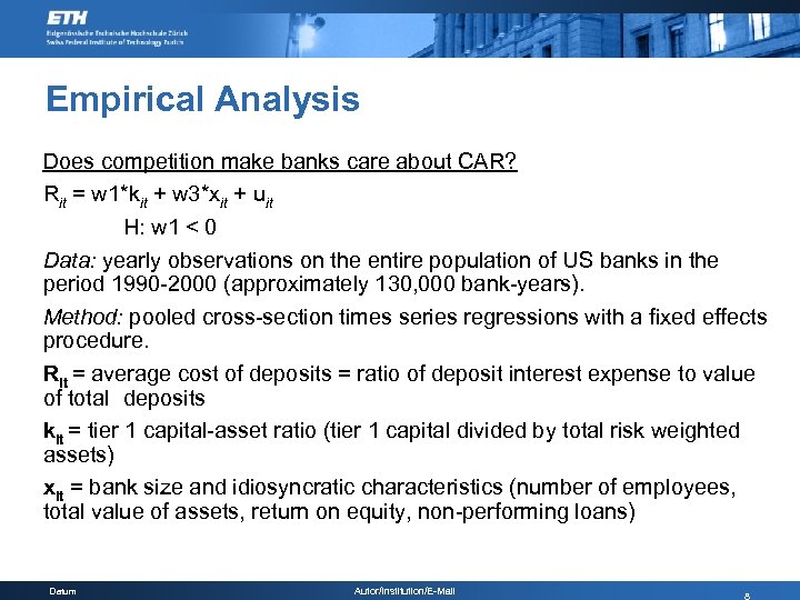 Empirical Analysis Does competition make banks care about CAR? Rit = w 1*kit +