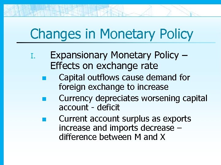 Changes in Monetary Policy Expansionary Monetary Policy – Effects on exchange rate I. n
