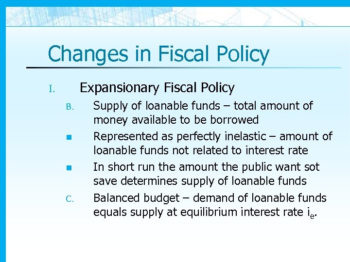 Changes in Fiscal Policy Expansionary Fiscal Policy I. B. n n C. Supply of