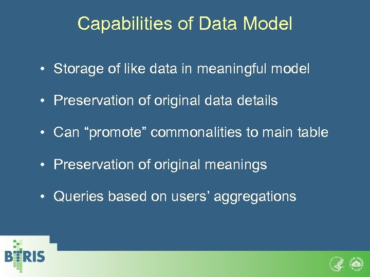 Capabilities of Data Model • Storage of like data in meaningful model • Preservation