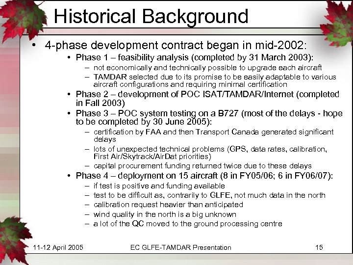 Historical Background • 4 -phase development contract began in mid-2002: • Phase 1 –