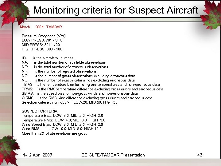 Monitoring criteria for Suspect Aircraft March 2005 TAMDAR Pressure Categories (h. Pa) LOW PRESS: