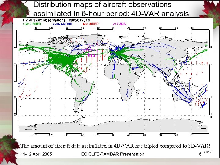 Distribution maps of aircraft observations assimilated in 6 -hour period: 4 D-VAR analysis The