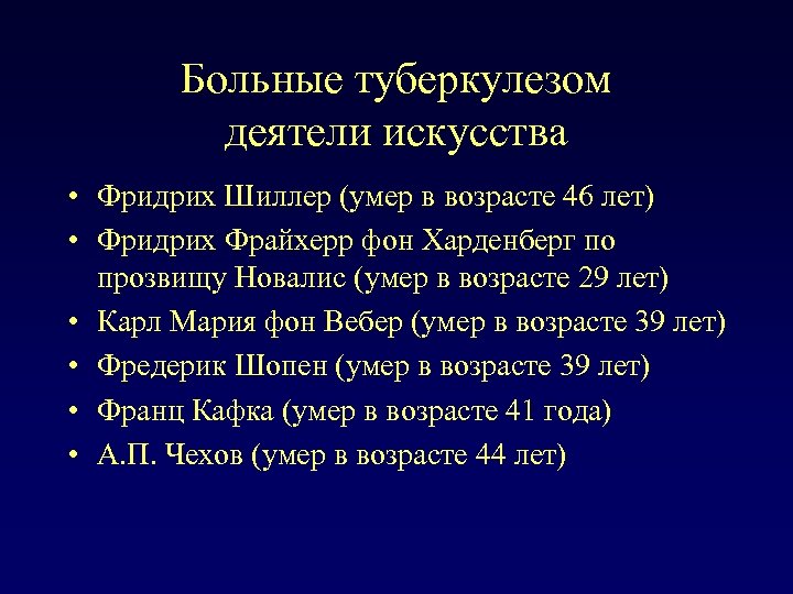 Больные туберкулезом деятели искусства • Фридрих Шиллер (умер в возрасте 46 лет) • Фридрих