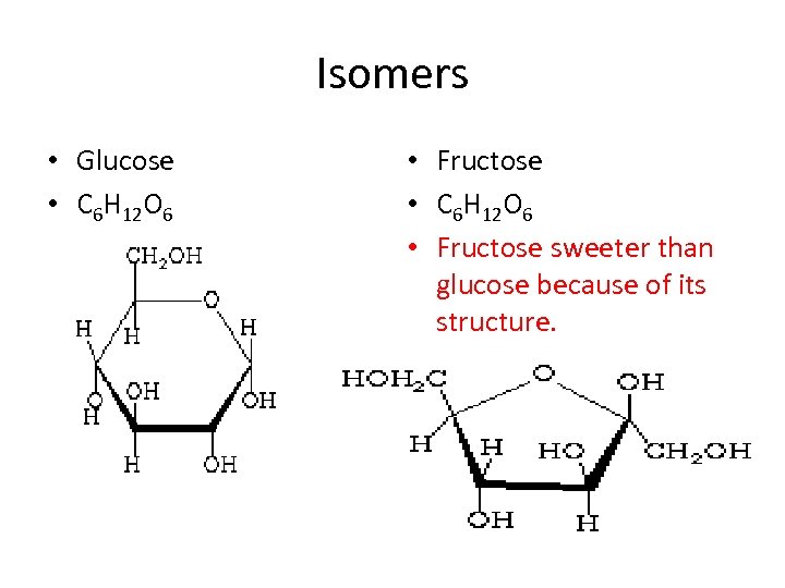 Isomers • Glucose • C 6 H 12 O 6 • Fructose • C