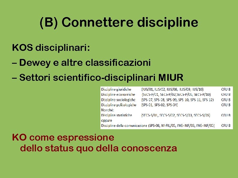 (B) Connettere discipline KOS disciplinari: – Dewey e altre classificazioni – Settori scientifico-disciplinari MIUR