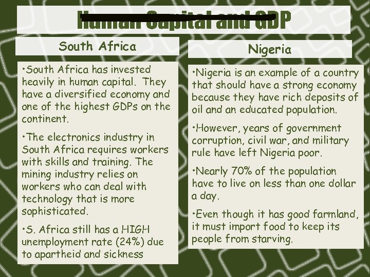 Human Capital and GDP South Africa • South Africa has invested heavily in human
