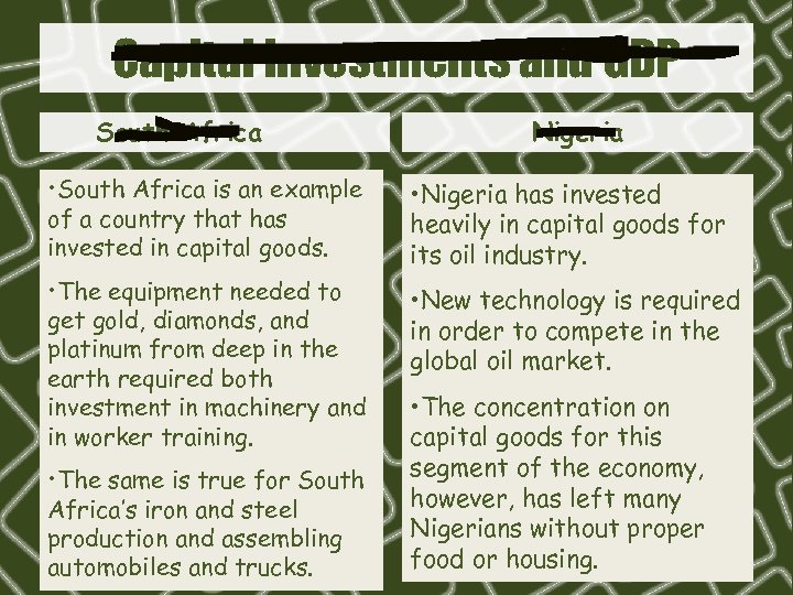 Capital Investments and GDP South Africa Nigeria • South Africa is an example of