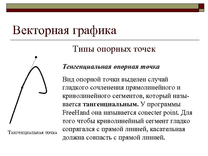 Векторная графика Типы опорных точек Тенгенциальная опорная точка Тангенциальная точка Вид опорной точки выделен