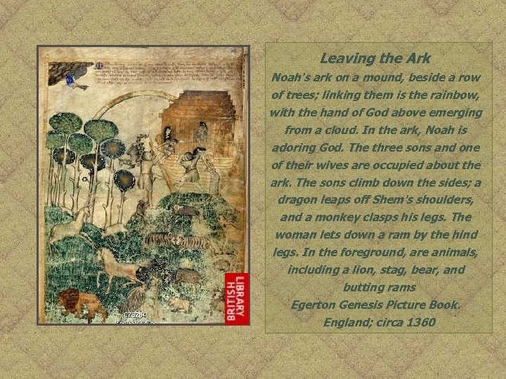 Leaving the Ark Noah's ark on a mound, beside a row of trees; linking