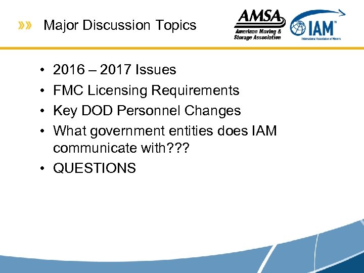 Major Discussion Topics • • 2016 – 2017 Issues FMC Licensing Requirements Key DOD