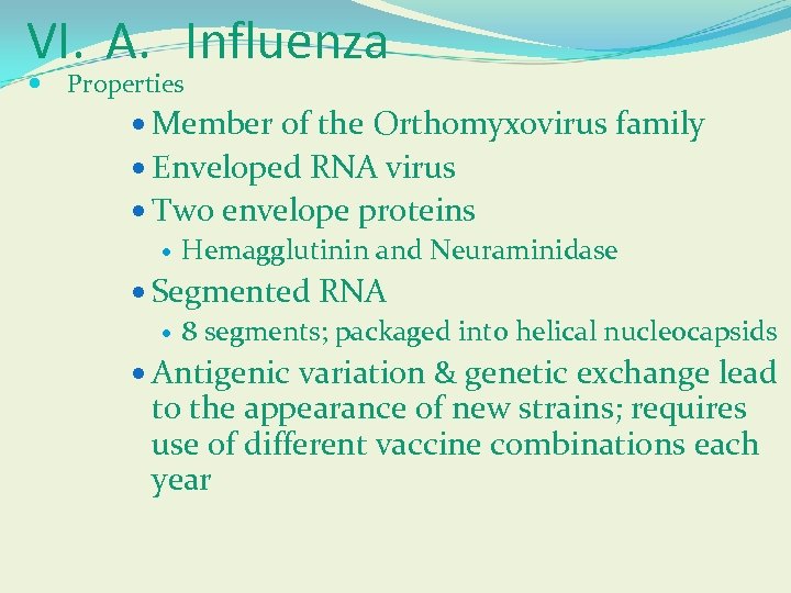 VI. A. Influenza Properties Member of the Orthomyxovirus family Enveloped RNA virus Two envelope