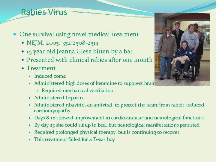 Rabies Virus One survival using novel medical treatment NEJM. 2005. 352: 2508 -2514 15