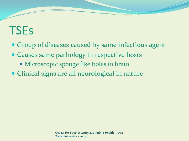 TSEs Group of diseases caused by same infectious agent Causes same pathology in respective