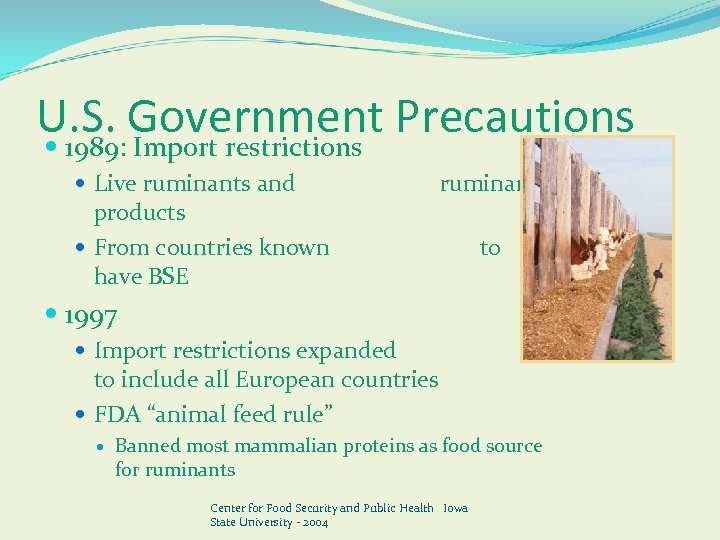 U. S. Government Precautions 1989: Import restrictions Live ruminants and ruminant products From countries