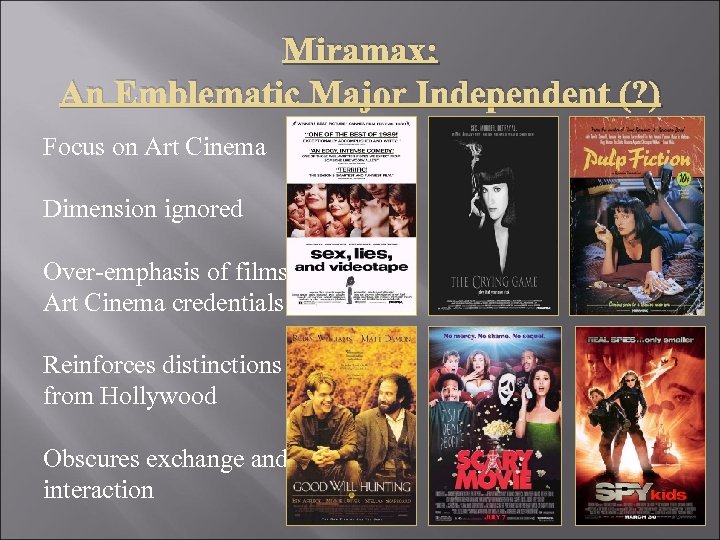 Miramax: An Emblematic Major Independent (? ) Focus on Art Cinema Dimension ignored Over-emphasis