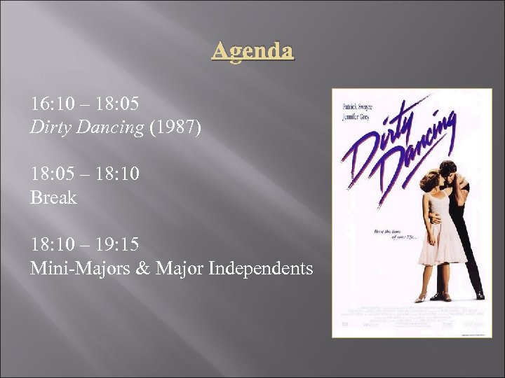 Agenda 16: 10 – 18: 05 Dirty Dancing (1987) 18: 05 – 18: 10