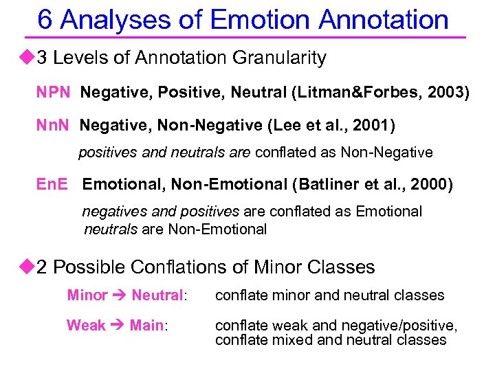 6 Analyses of Emotion Annotation u 3 Levels of Annotation Granularity NPN Negative, Positive,