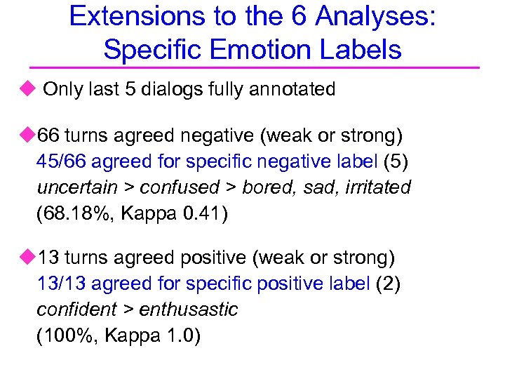 Extensions to the 6 Analyses: Specific Emotion Labels u Only last 5 dialogs fully