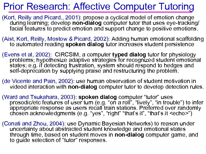 Prior Research: Affective Computer Tutoring (Kort, Reilly and Picard. , 2001): propose a cyclical