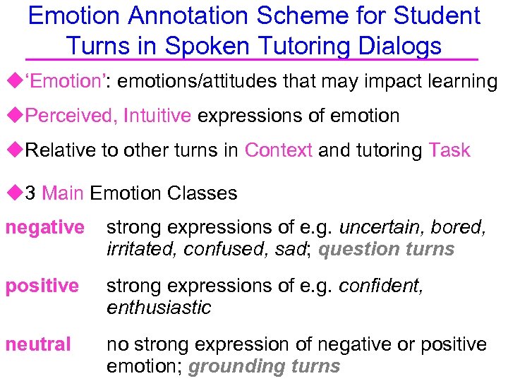 Emotion Annotation Scheme for Student Turns in Spoken Tutoring Dialogs u‘Emotion’: emotions/attitudes that may