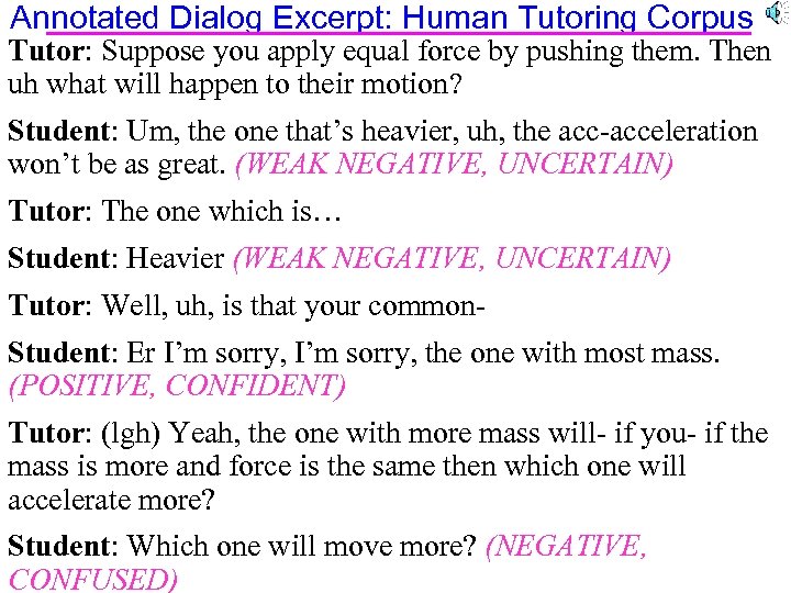 Annotated Dialog Excerpt: Human Tutoring Corpus Tutor: Suppose you apply equal force by pushing