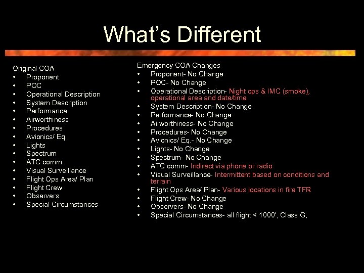 What’s Different Original COA • Proponent • POC • Operational Description • System Description