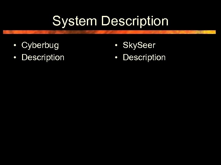 System Description • Cyberbug • Description • Sky. Seer • Description 