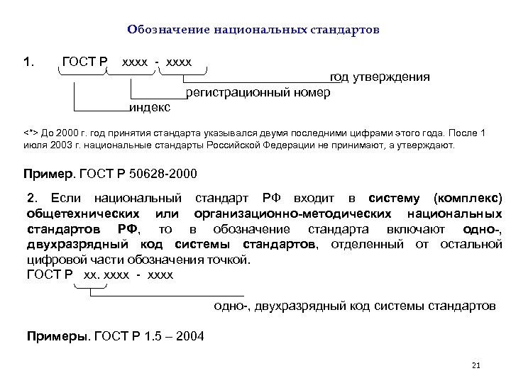 Обозначение национальных стандартов 1. ГОСТ Р хххх - хххх год утверждения регистрационный номер индекс