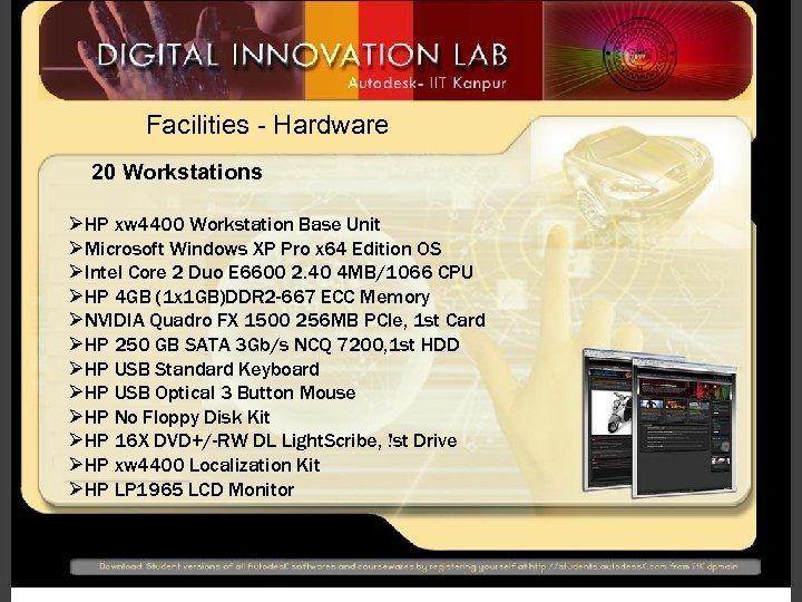 Facilities - Hardware 20 Workstations ØHP xw 4400 Workstation Base Unit ØMicrosoft Windows XP