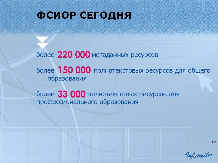 ФСИОР СЕГОДНЯ более метаданных ресурсов 220 000 более полнотекстовых ресурсов для общего 150 000