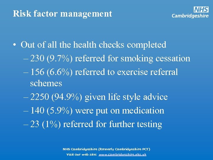 Risk factor management • Out of all the health checks completed – 230 (9.