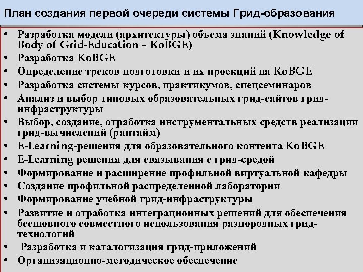 План создания первой очереди системы Грид-образования • Разработка модели (архитектуры) объема знаний (Knowledge of