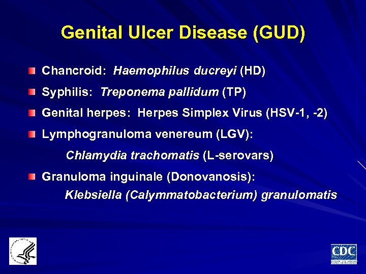 Genital Ulcer Disease (GUD) Chancroid: Haemophilus ducreyi (HD) Syphilis: Treponema pallidum (TP) Genital herpes: