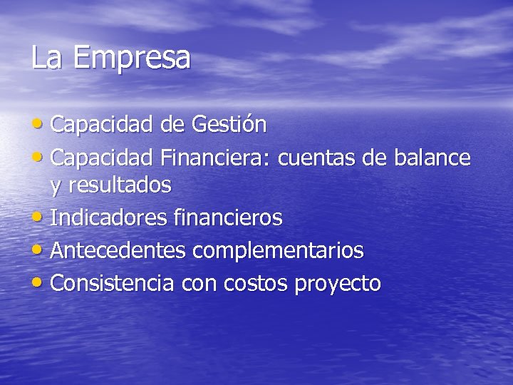 La Empresa • Capacidad de Gestión • Capacidad Financiera: cuentas de balance y resultados