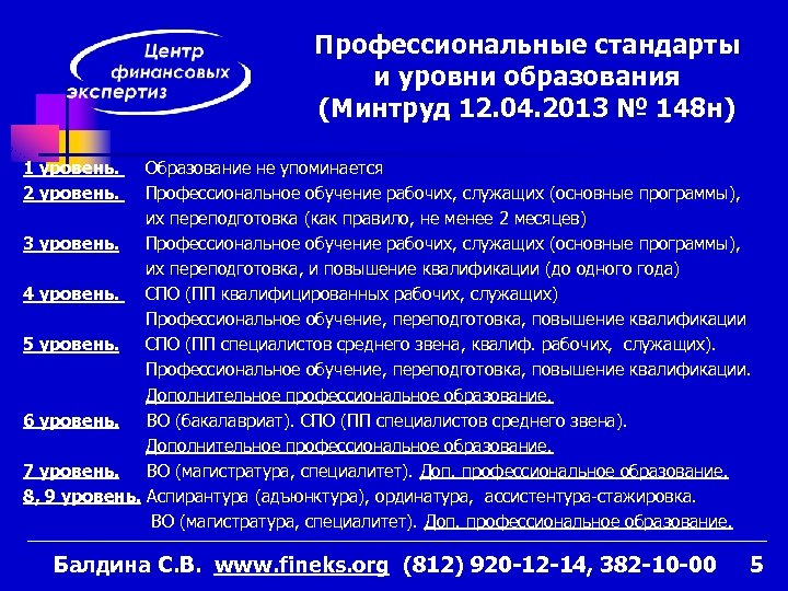 Профессиональные стандарты и уровни образования (Минтруд 12. 04. 2013 № 148 н) 1 уровень.