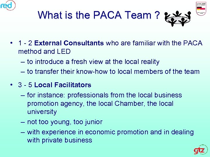 What is the PACA Team ? • 1 - 2 External Consultants who are