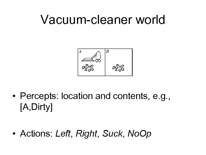 Vacuum-cleaner world • Percepts: location and contents, e. g. , [A, Dirty] • Actions: