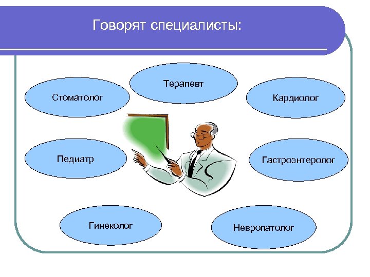 Говорят специалисты: Терапевт Стоматолог Педиатр Гинеколог Кардиолог Гастроэнтеролог Невропатолог 