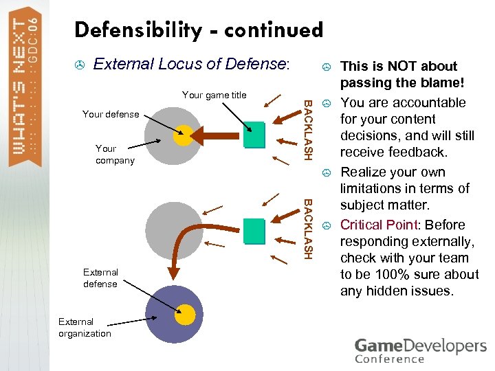 Defensibility - continued > External Locus of Defense: Your defense Your company BACKLASH Your