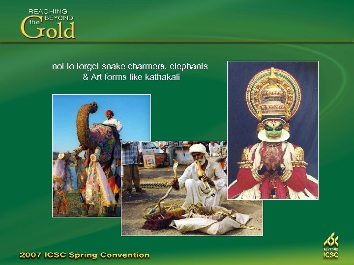 not to forget snake charmers, elephants & Art forms like kathakali 