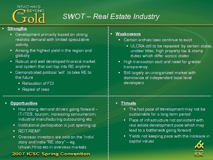SWOT – Real Estate Industry § Strengths § Development primarily based on strong realistic