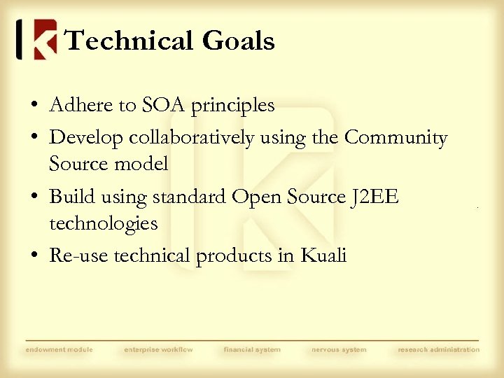 Technical Goals • Adhere to SOA principles • Develop collaboratively using the Community Source