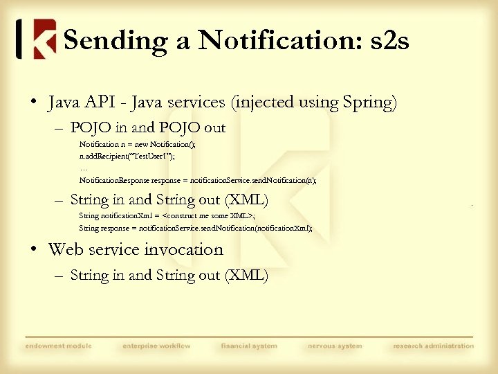 Sending a Notification: s 2 s • Java API - Java services (injected using