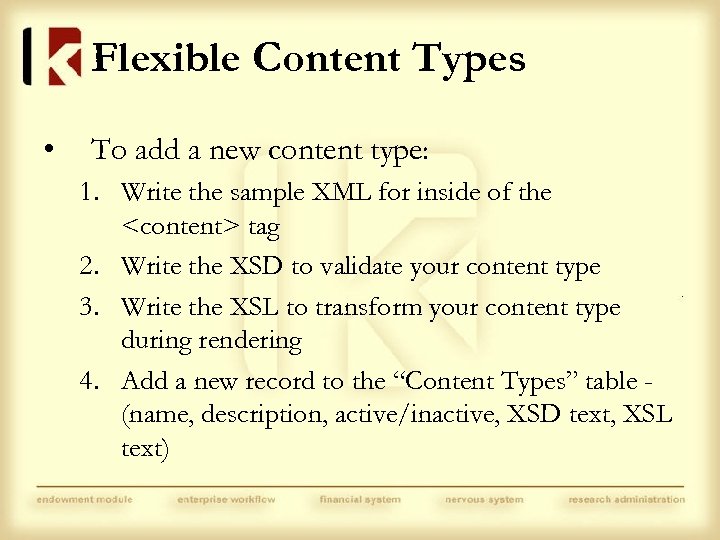Flexible Content Types • To add a new content type: 1. Write the sample
