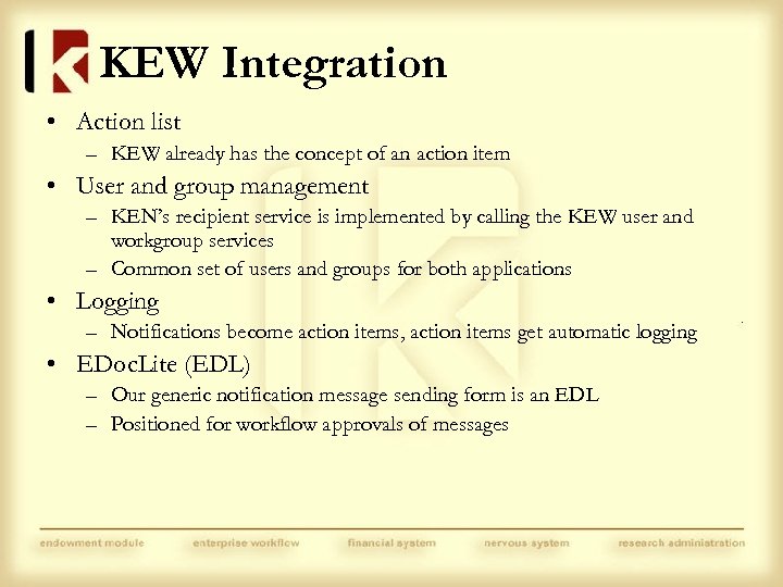 KEW Integration • Action list – KEW already has the concept of an action