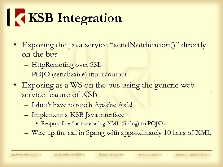 KSB Integration • Exposing the Java service “send. Notification()” directly on the bus –
