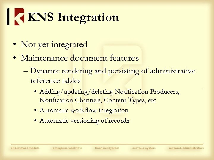 KNS Integration • Not yet integrated • Maintenance document features – Dynamic rendering and