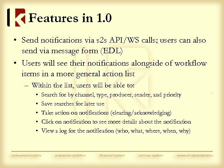 Features in 1. 0 • Send notifications via s 2 s API/WS calls; users