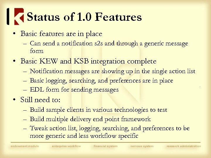 Status of 1. 0 Features • Basic features are in place – Can send